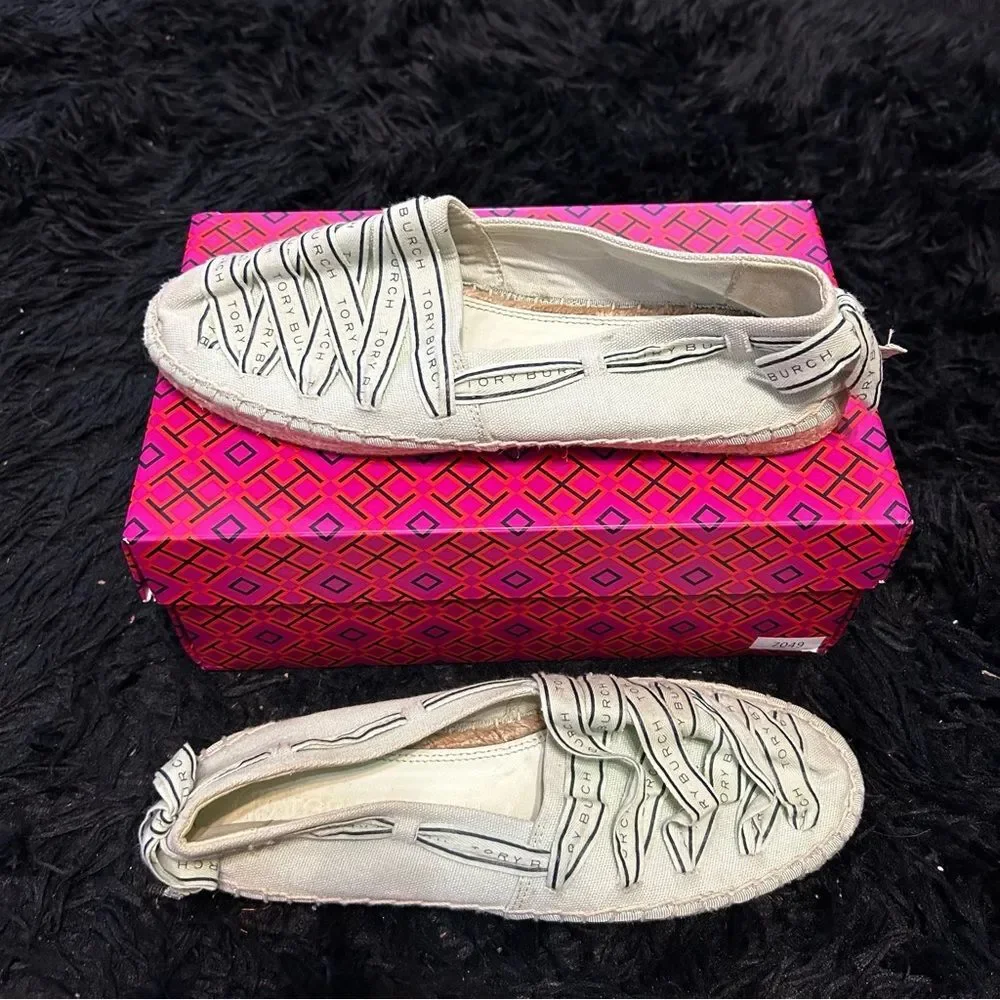 TORY BURCH TB Tory ribbon espadrille flats slip on shoes women’s 8.5 Preowned